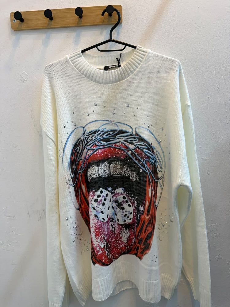 Maglione bianco con stampa bocca e dadi