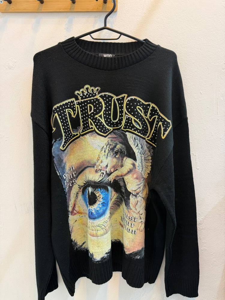 Maglione nero Trust con stampa occhio azzurro